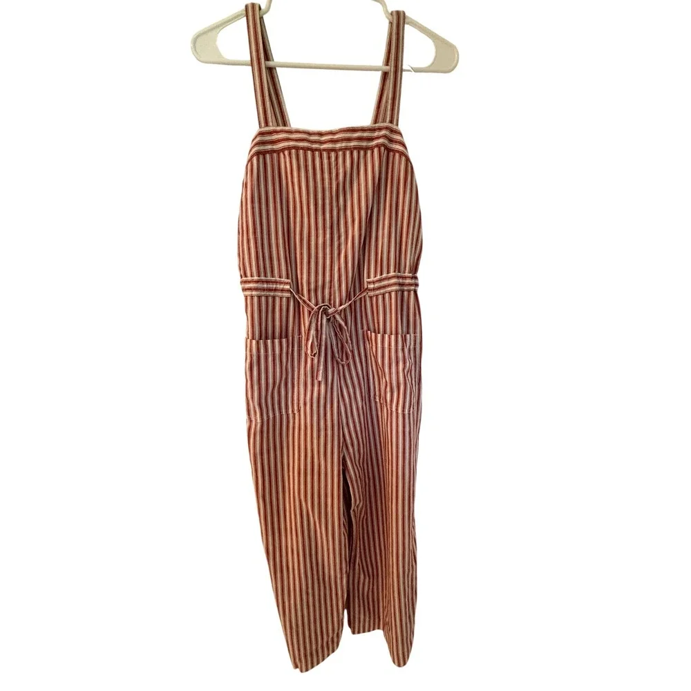 Marine Layer Womens Red White Striped Tencel Tie Waist Jumpsuit Small Sleeveless